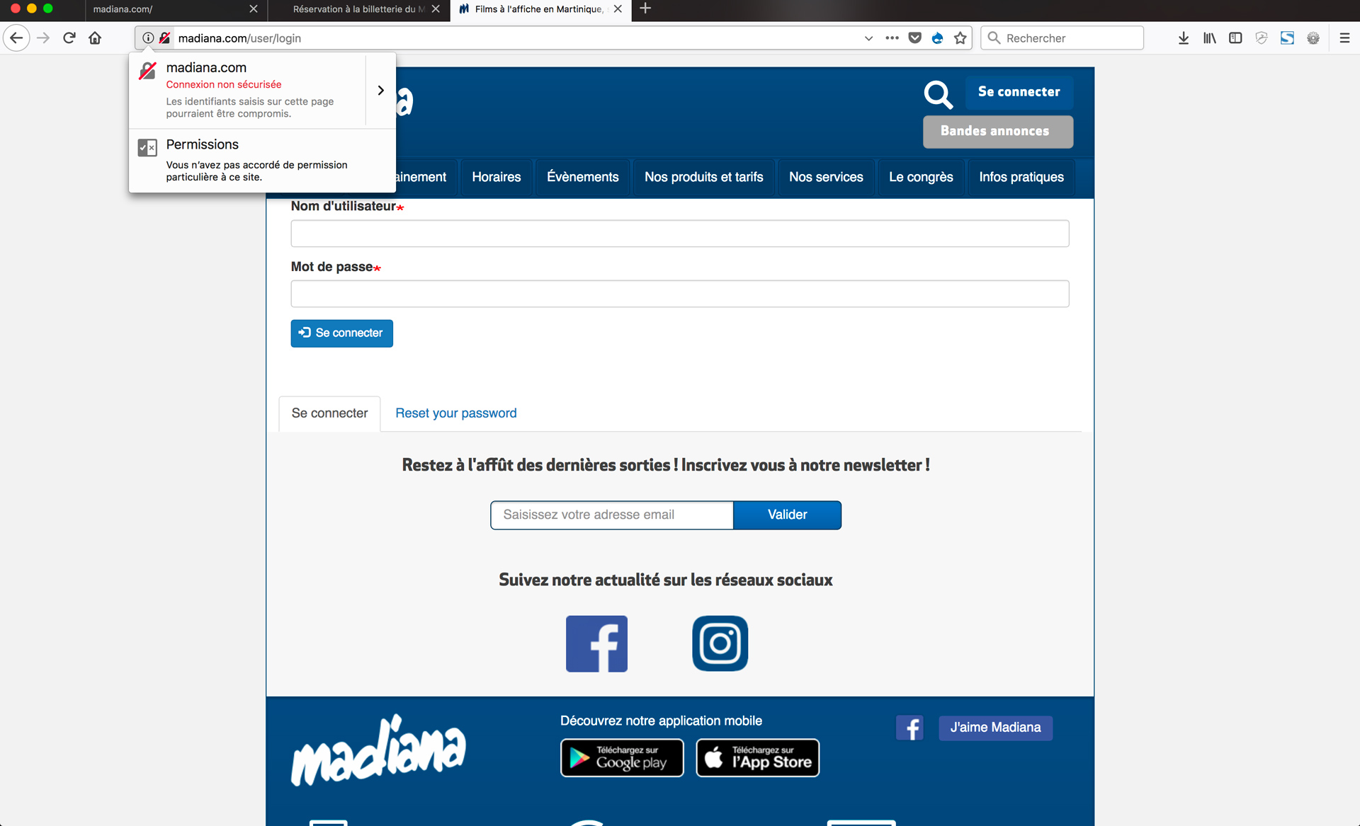 Page de connexion au compte client non sécurisée